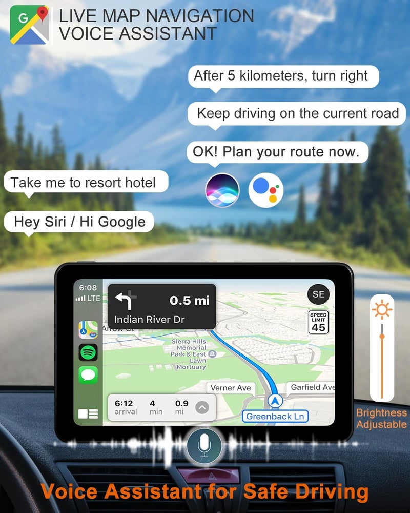 Aonerex شاشة سيارة لاسلكية CarPlay و Android Auto، 7 بوصة HD بلوتوث AirPlay شاشة تعمل باللمس ستيريو سيارة محمولة نظام ملاحة مشغل موسيقى فيديو عكس، سيري، AUX، مساعد صوتي - Image 3